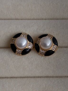 Gold Pearl and Black Enamel Crystal Button Earrings